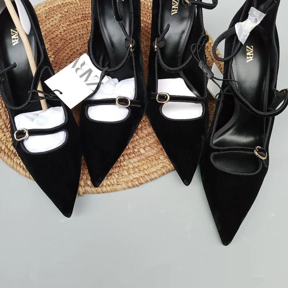 ZARA Velvet Mary Jane Heels NWT Black Pointed Toe Multi Strap Pumps Size 9 - Picture 13 of 16